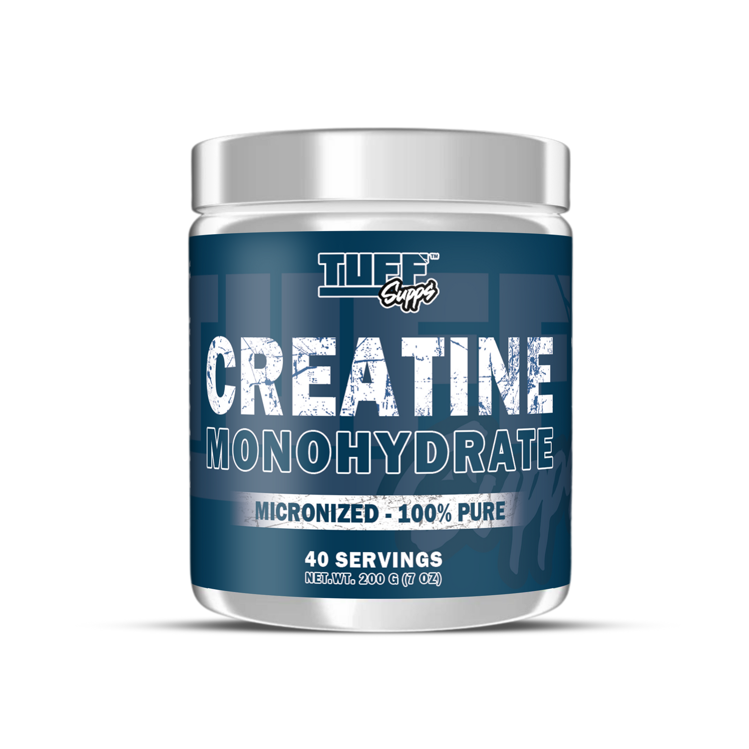 A container of Tuff Supps Creatine Monohydrate with text indicating it is micronized and 100% pure, with 40 servings.