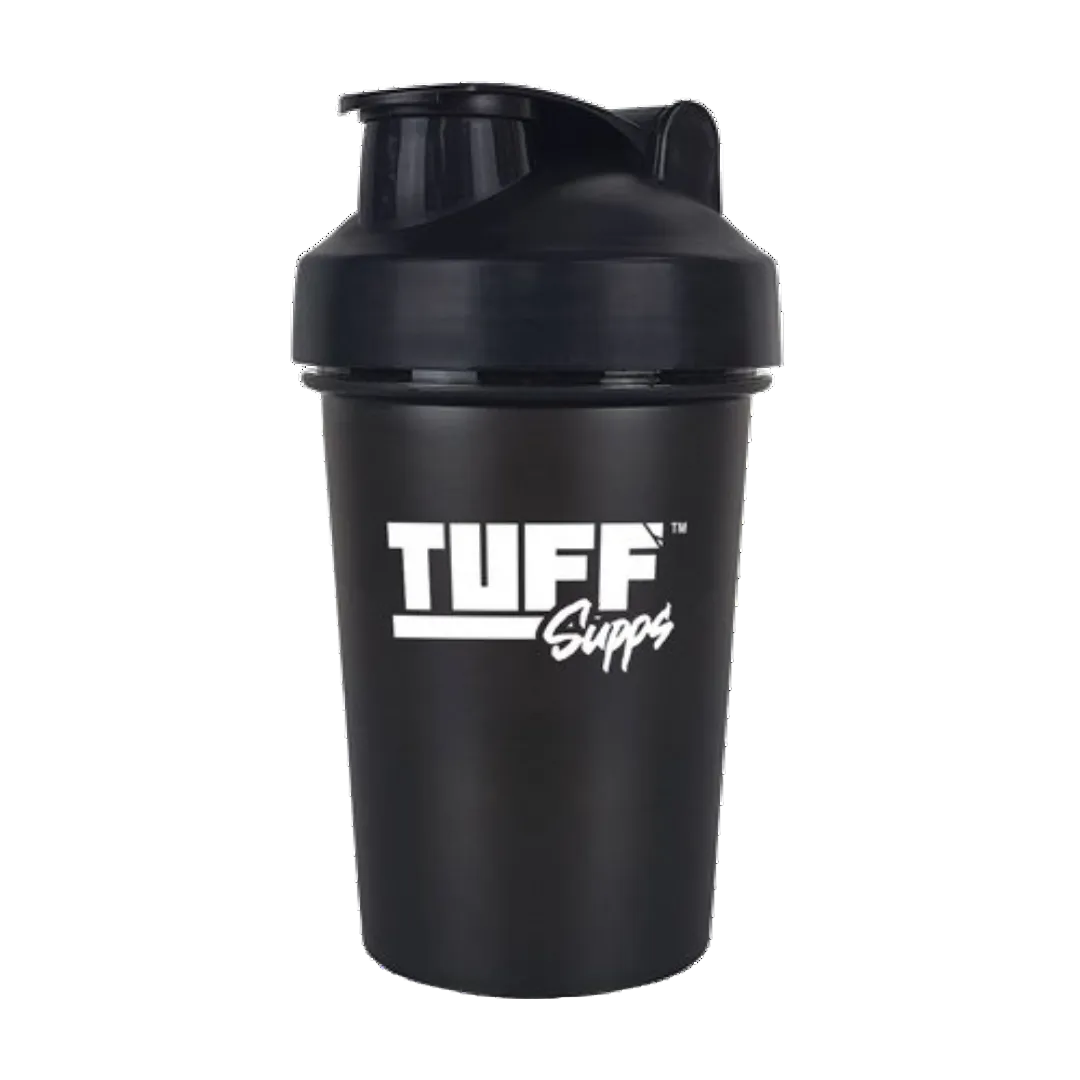 Black shaker bottle with TUFF SUPPS logo on a white background
