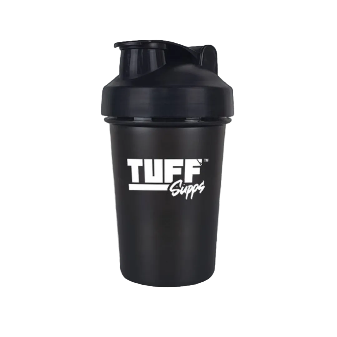 Black shaker bottle with TUFF Supps logo on a dark background