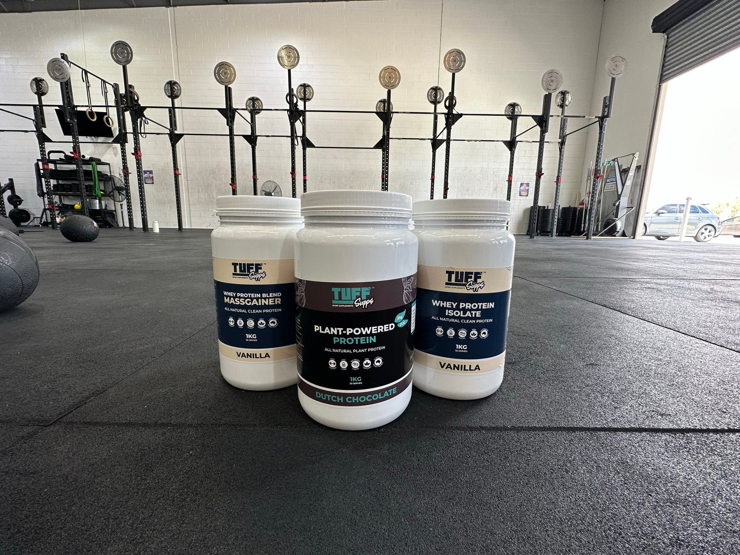 Tuff Supps Whey Protein Image showing massgainer, plan protein and WPI.