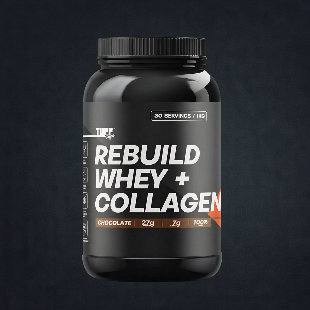 Tuff Supps grass-fed whey protein isolate and Rebuild whey plus collagen tubs