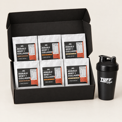 Rebuild Try Before You Buy Box open, with six Rebuild Whey + Collagen sachets - two Dutch Chocolate, two Salted Caramel, two Vanilla - and a black Tuff Supps 400ml shaker