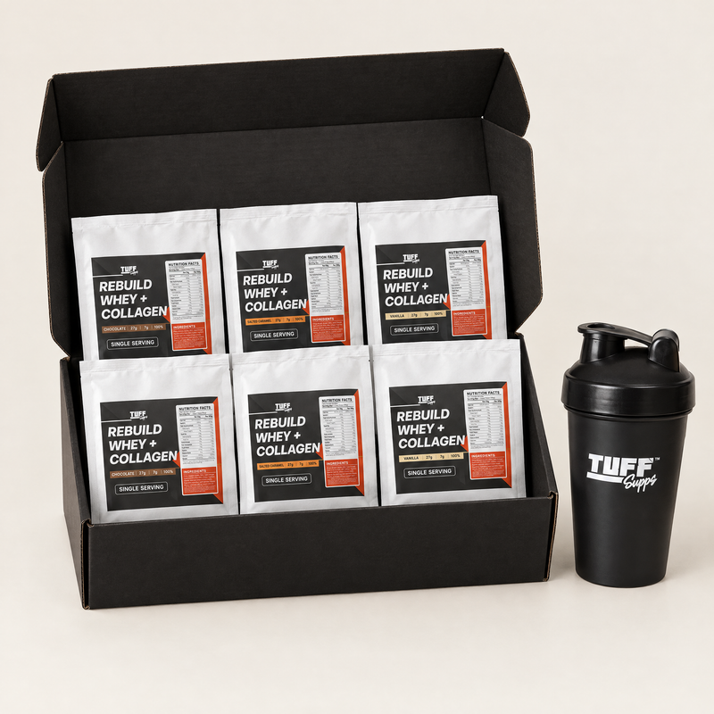 Rebuild Try Before You Buy Box open, with six Rebuild Whey + Collagen sachets - two Dutch Chocolate, two Salted Caramel, two Vanilla - and a black Tuff Supps 400ml shaker