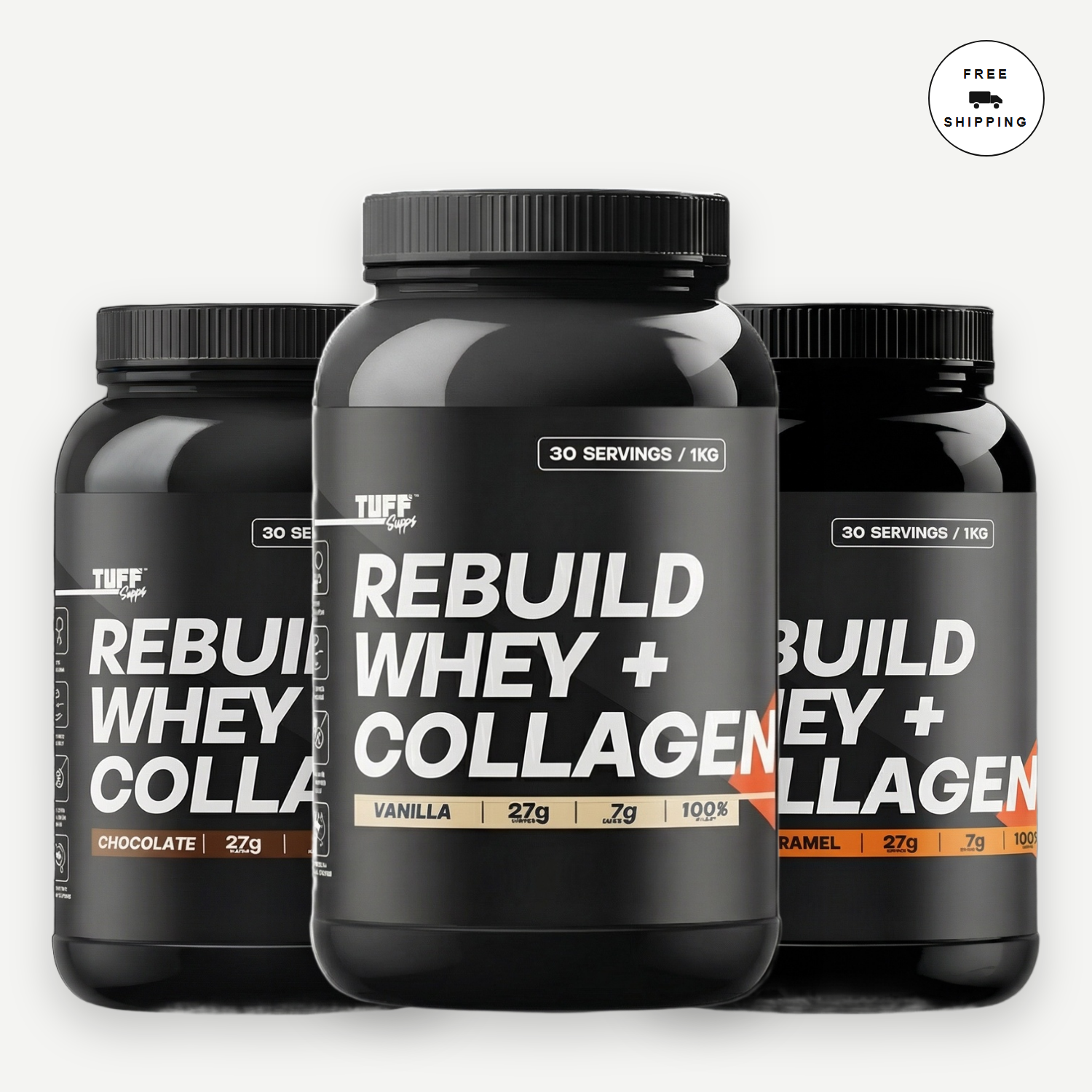 Three black tubs of TUFF SUPPS REBUILD WHEY + COLLAGEN supplement powder arranged together on a light gray background, with a small 'FREE SHIPPING' badge in the top right corner.