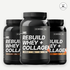 Three black tubs of TUFF SUPPS REBUILD WHEY + COLLAGEN supplement powder arranged together on a light gray background, with a small 'FREE SHIPPING' badge in the top right corner.