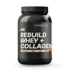 A black plastic tub of TUFF Supps Rebuild Whey + Collagen supplement in vanilla flavor, shown on a clean white background.