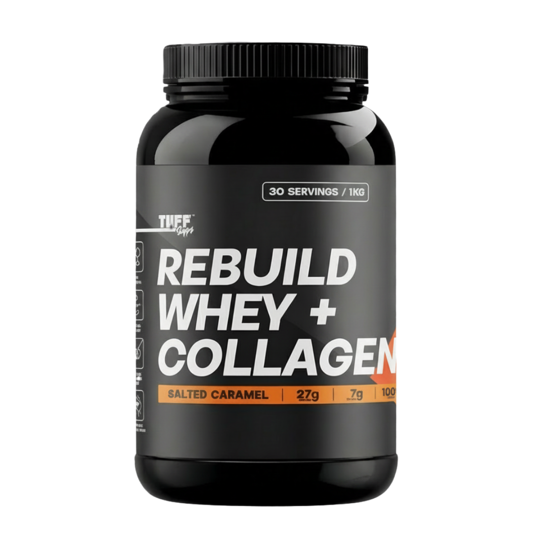 A black plastic bottle of TUFF Supps Rebuild Whey + Collagen supplement powder, featuring a black label with white and orange text, on a solid white background.