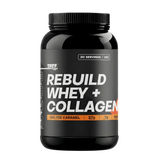 A black plastic bottle of TUFF Supps Rebuild Whey + Collagen supplement powder, featuring a black label with white and orange text, on a solid white background.