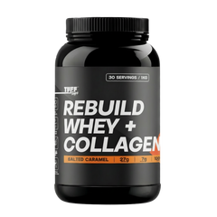 A black plastic bottle of TUFF Supps Rebuild Whey + Collagen supplement powder, featuring a black label with white and orange text, on a solid white background.