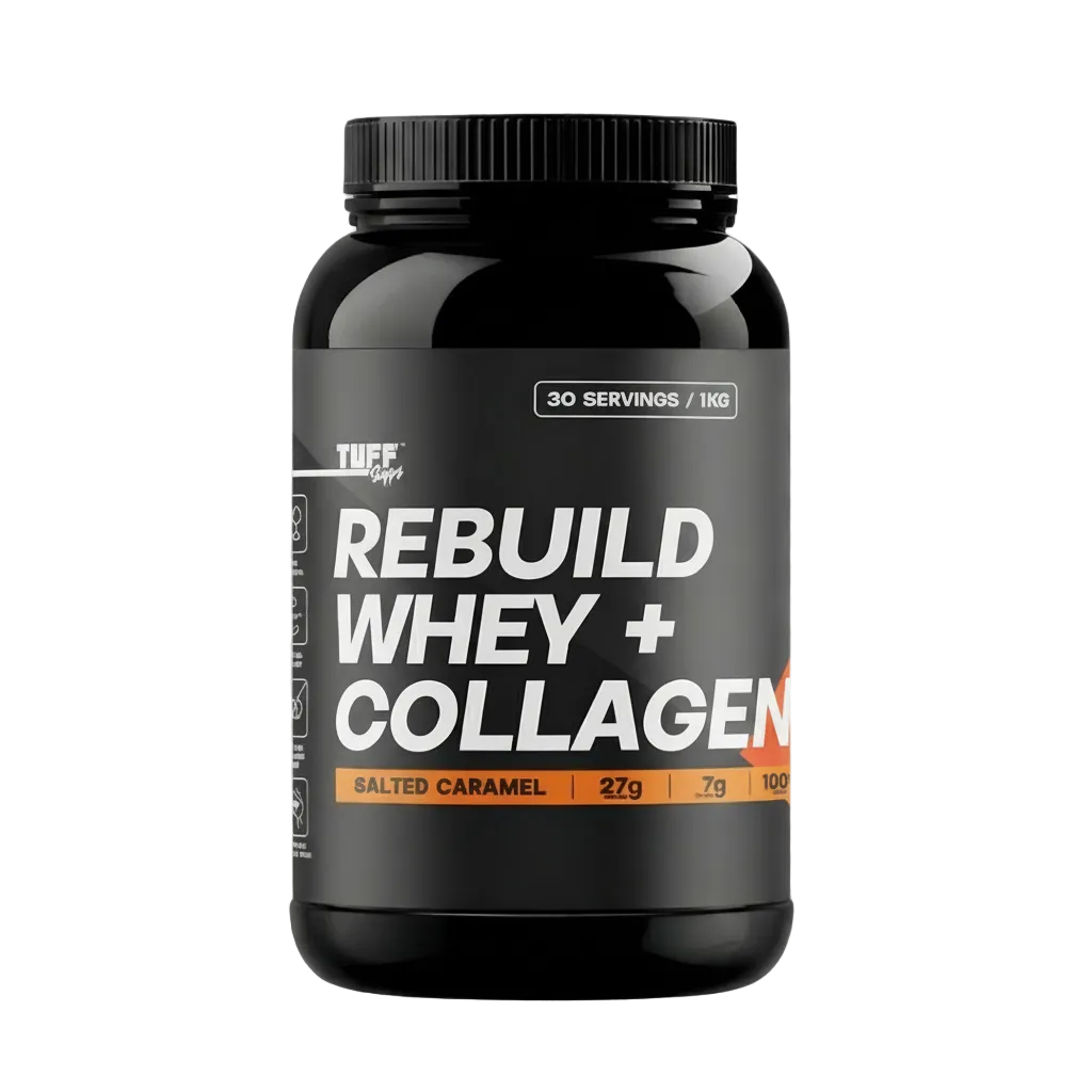 Container of Tuff Labs Rebuild Whey + Collagen supplement on a dark background