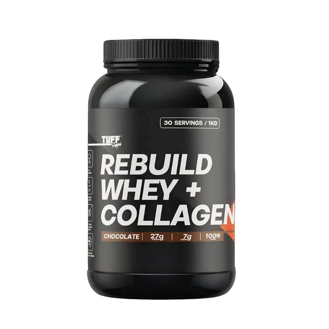 Tuff supps Rebuild Whey + Collagen supplement container on a dark background