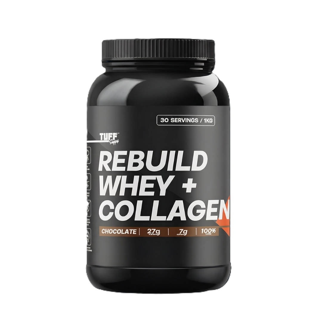 Tuff Supps Rebuild Whey + Collagen supplement container on a dark background