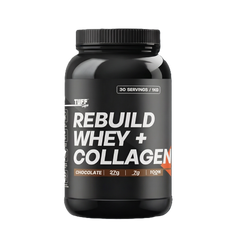 Tuff Supps Rebuild Whey + Collagen supplement container on a dark background