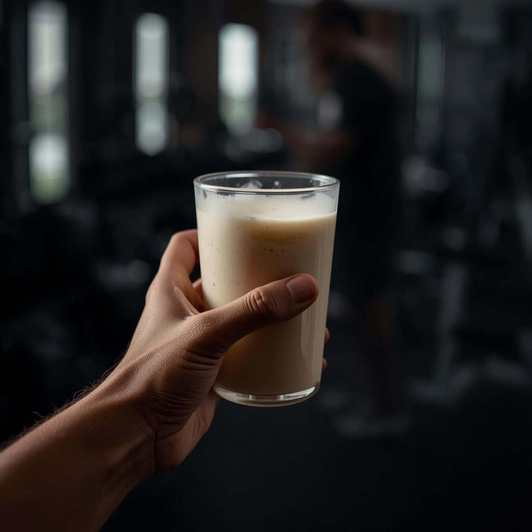 Hand holding a glass of tuff supps whey protein isolate creamy beverage against a blurred indoor background